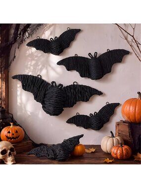 5 Pcs Halloween Bats Wall Decor 6-9inch 3D Scary Handcrafted Wicker Bats